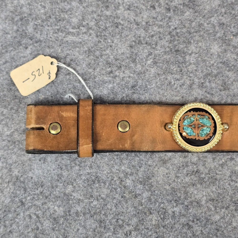 Western Concho Belt 48" Brown Leather Brass Tone Turquoise Inlay Studded Conchos - Picture 4 of 16